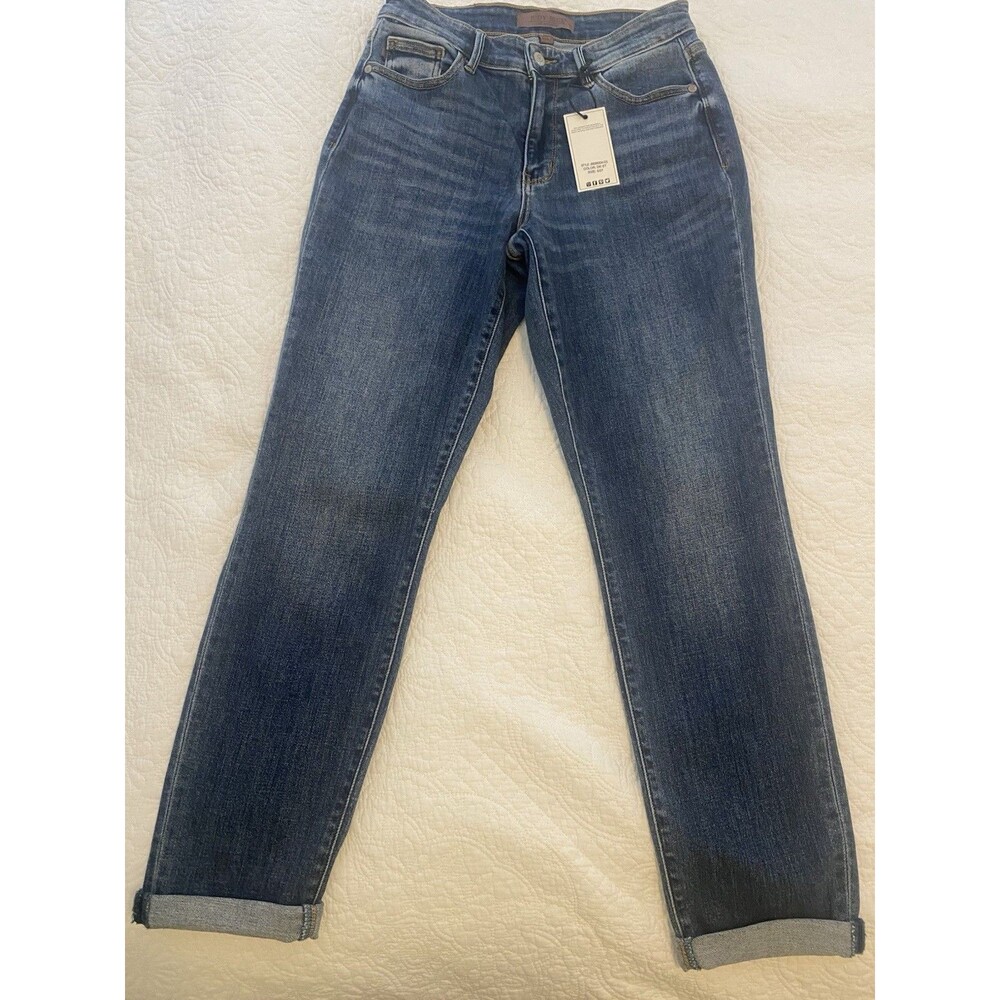 NWT Judy Blue Mid Rise Boyfriend Fit Cuffed Jeans Size 5/27 Womens Dark Wash